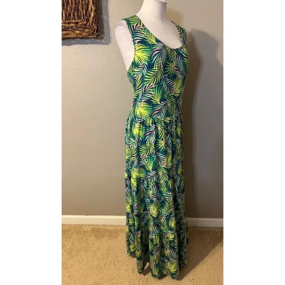 Lands End Maxi Tiered Dress 1X Stretch Cotton Modal Floral Washable NEW